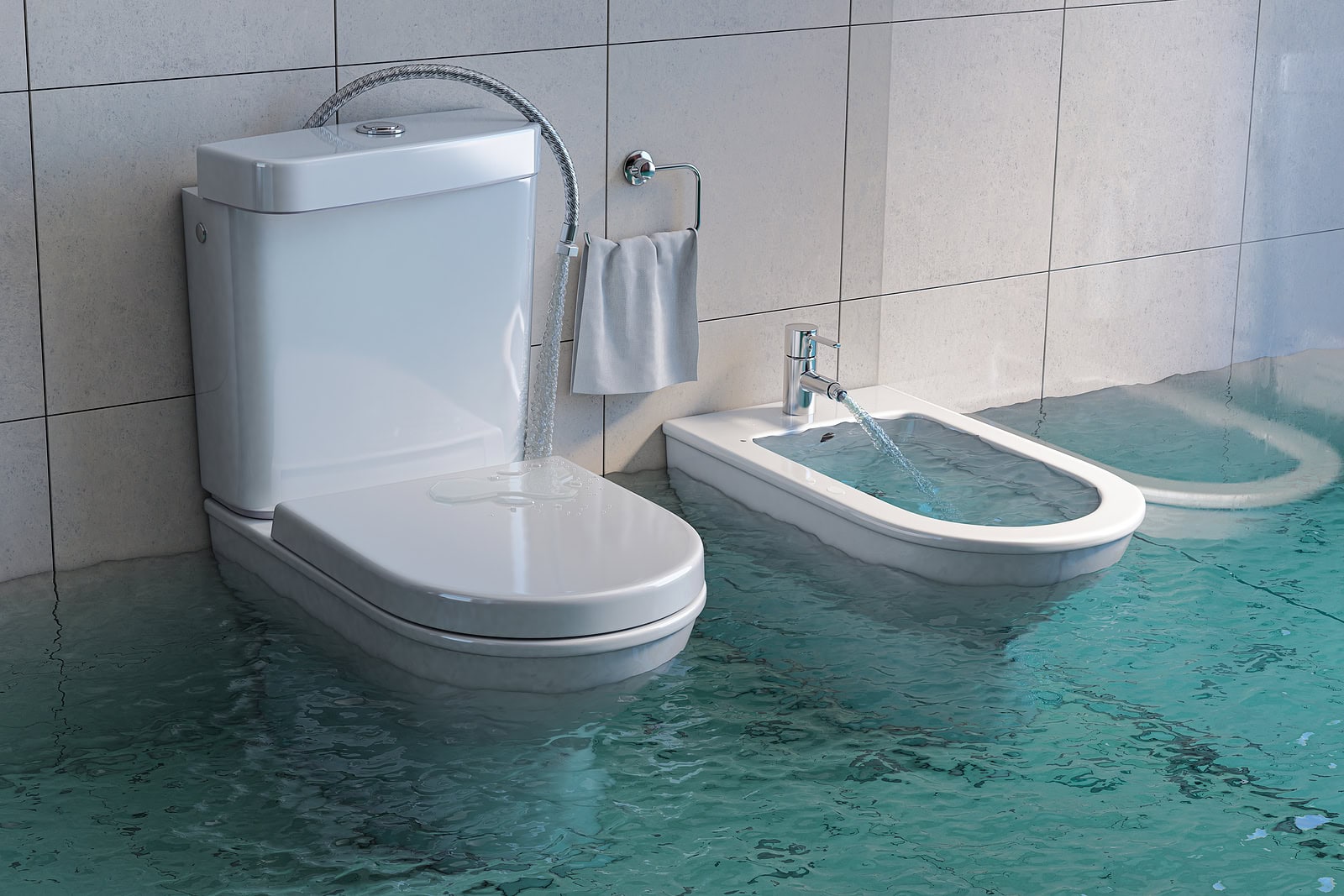 Broken toilet and bidet overflowing 3d illustration